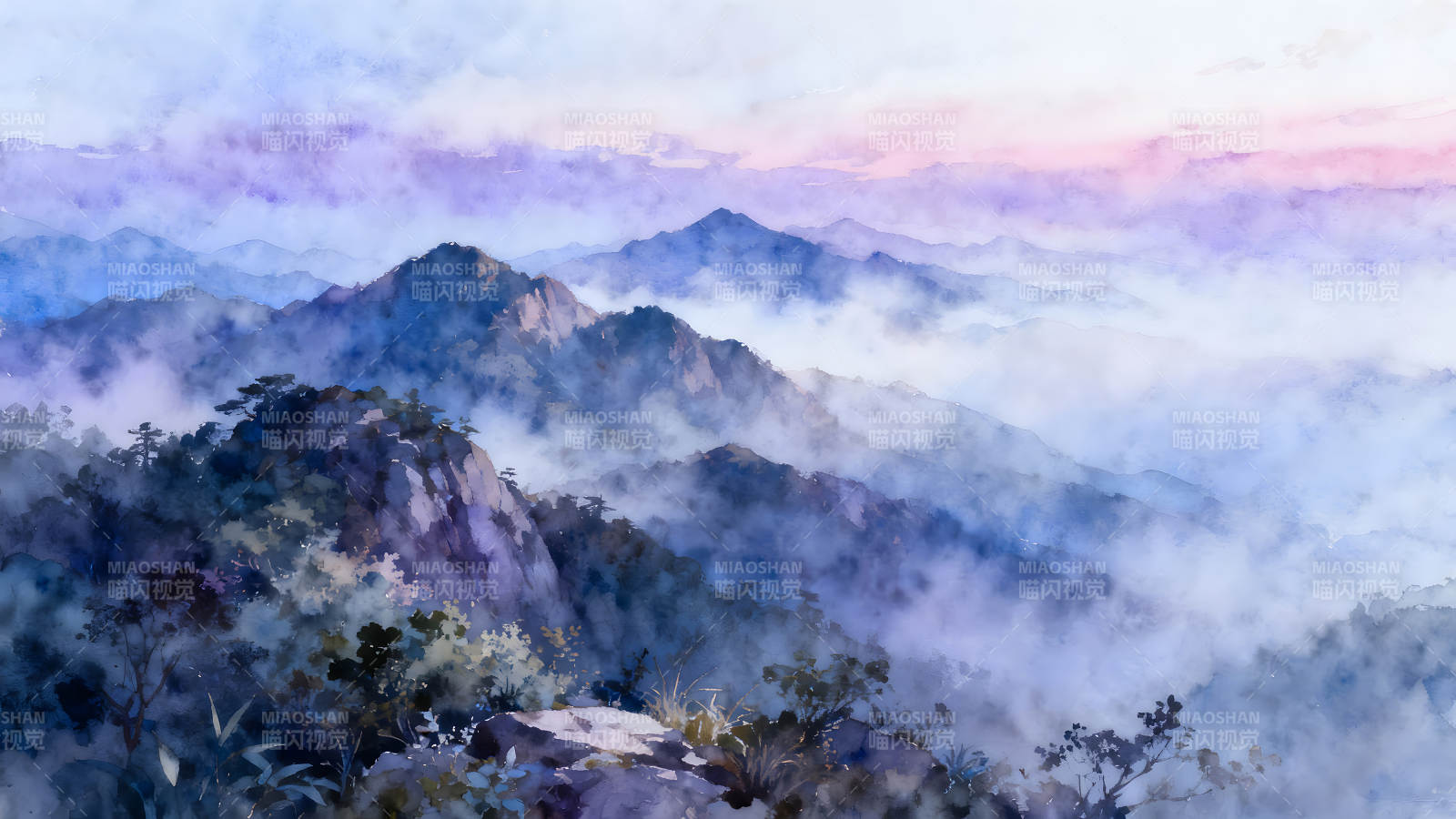 水墨山水画雾气缭绕意境悠远图片