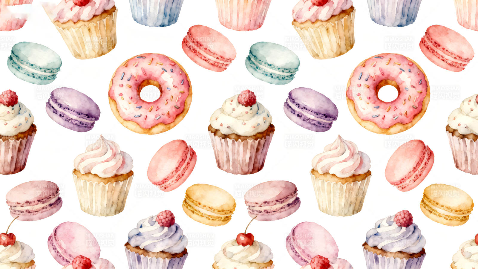 水彩甜点图案蛋糕甜甜圈马卡龙风格可爱图片