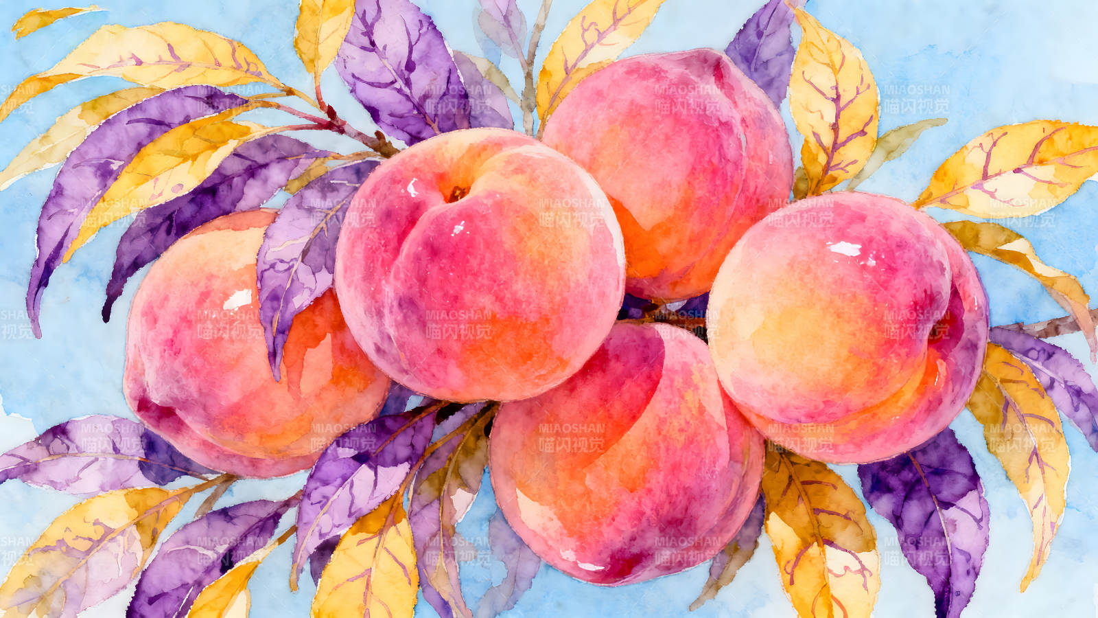 水彩桃子与叶子在蓝色背景上图片