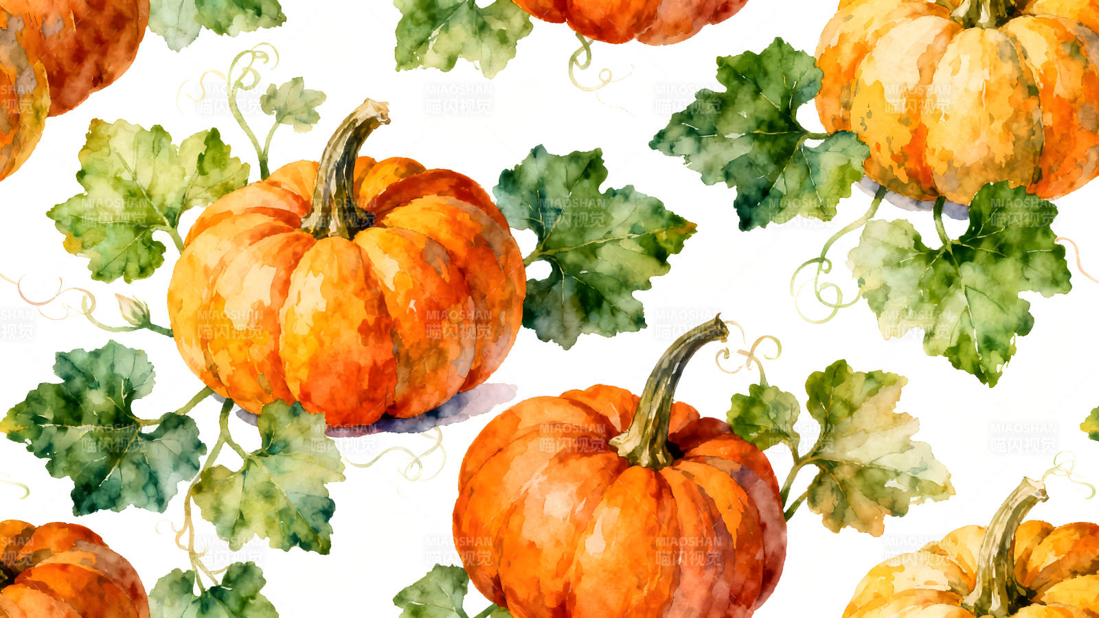 水彩南瓜与叶子图案图片