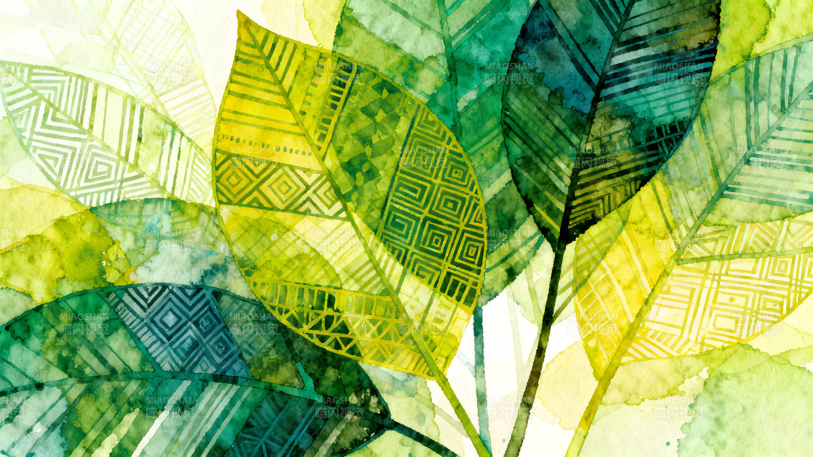 水彩叶子图案绿色系色彩图片