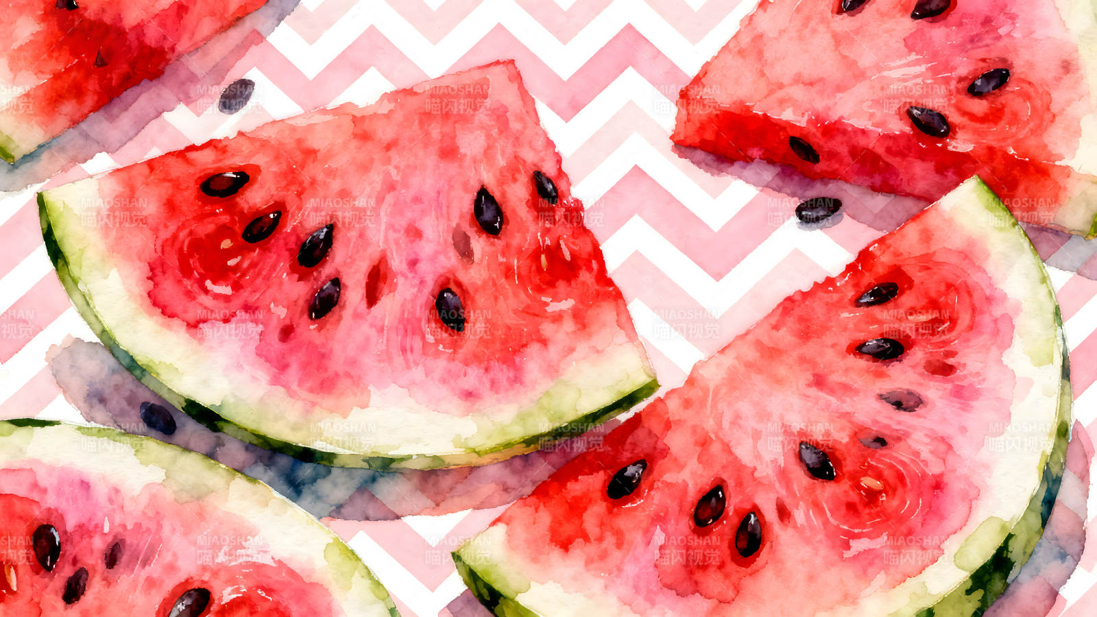 水彩西瓜切片在粉色背景上图片