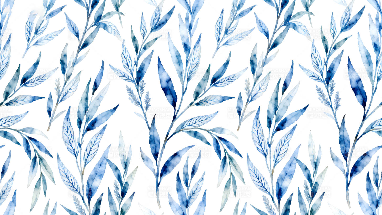 水彩蓝叶植物图案白色背景图片