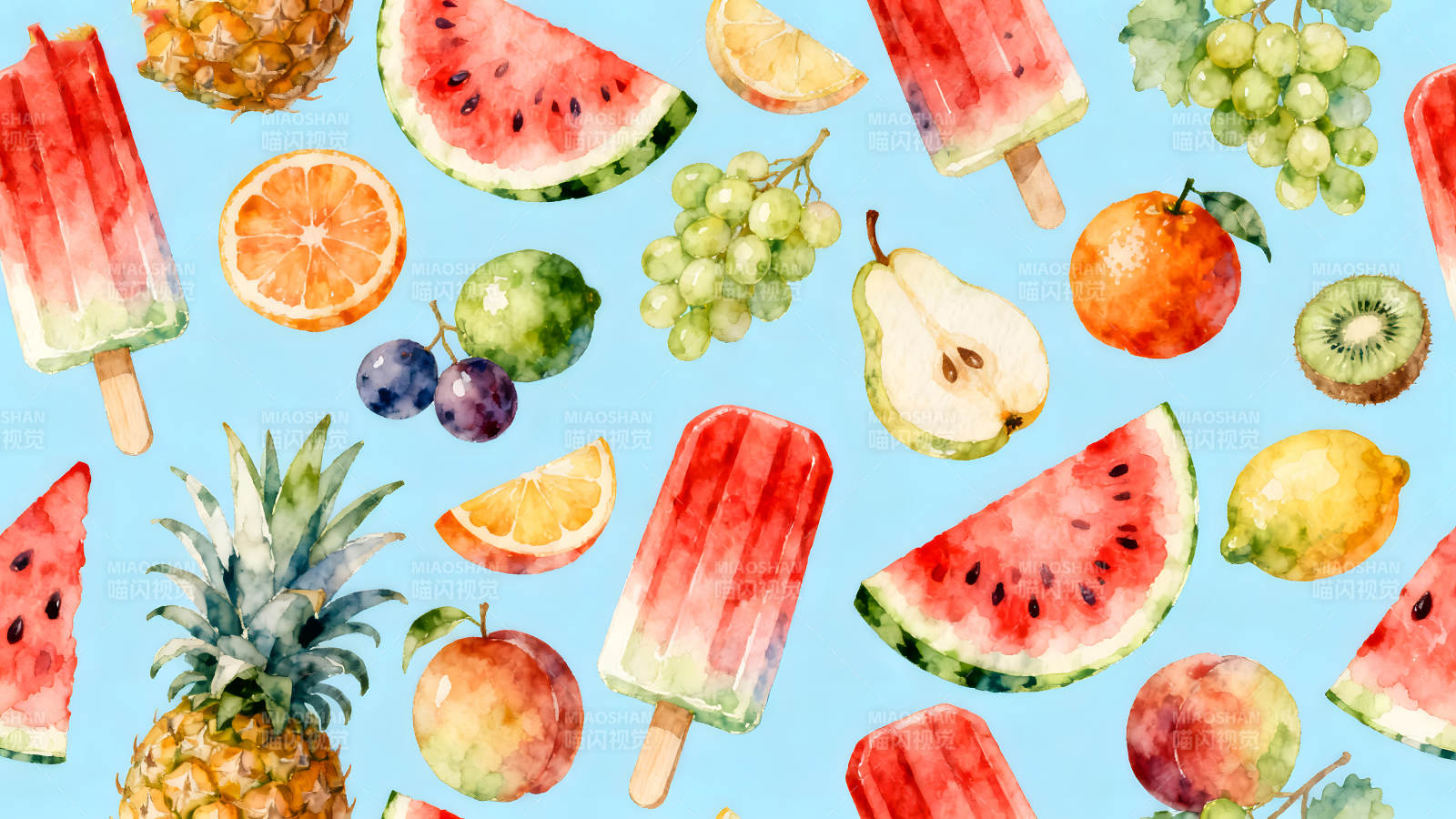 水彩风格的夏日水果拼贴图片