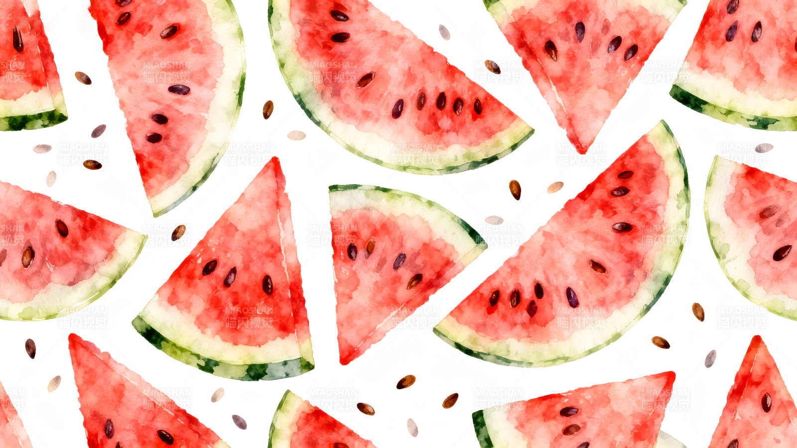 水彩西瓜切片与种子散落的图案图片