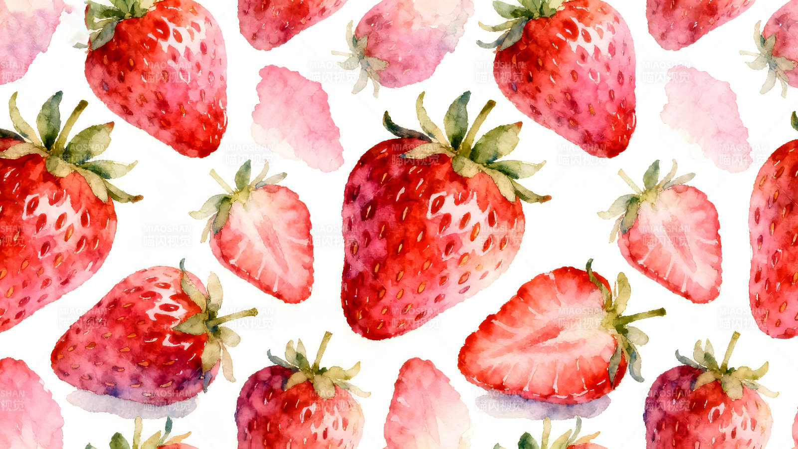 草莓水彩画色彩鲜艳细节丰富图片