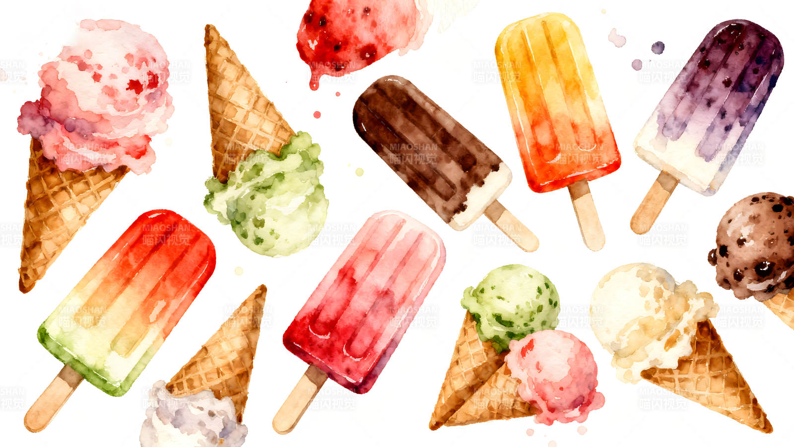 水彩风格的冰淇淋和冰棒图片