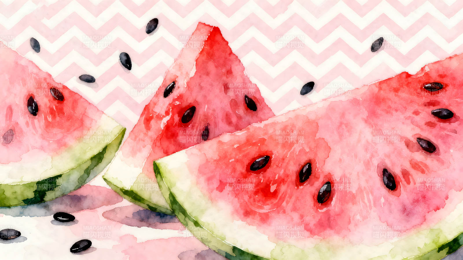 水彩西瓜切片粉色背景图片