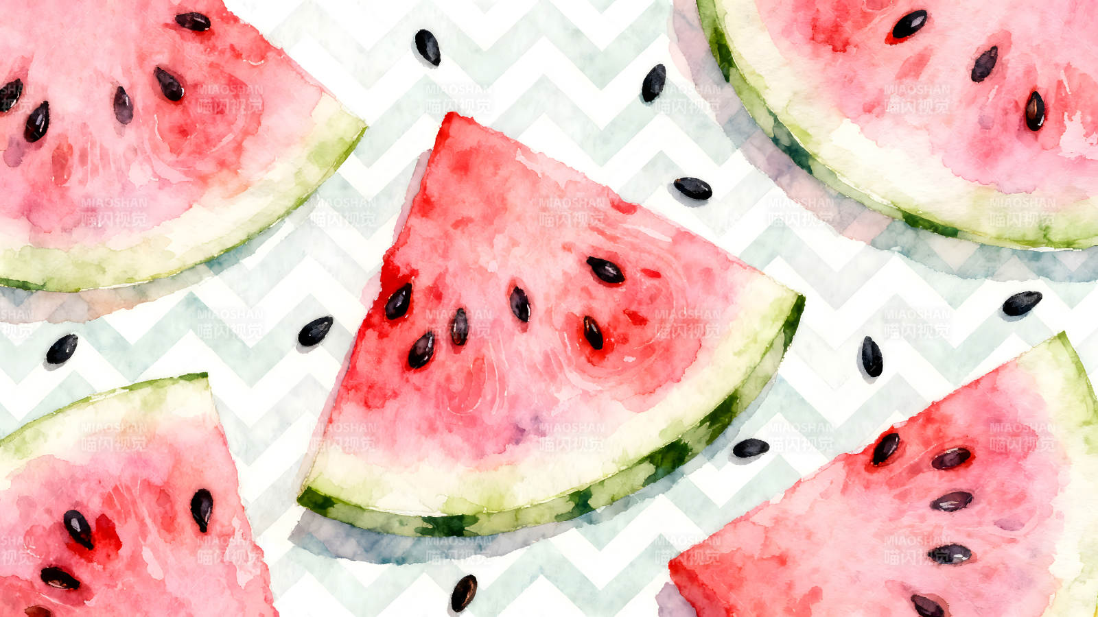 水彩西瓜切片与黑色种子图片