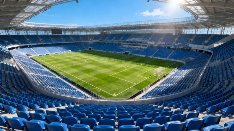 足球场蓝天白云阳光普照图片