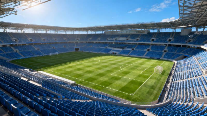 足球场全景鸟瞰蓝天绿地图片