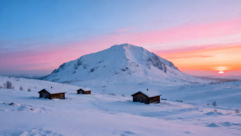 雪山小屋夕阳美景图片