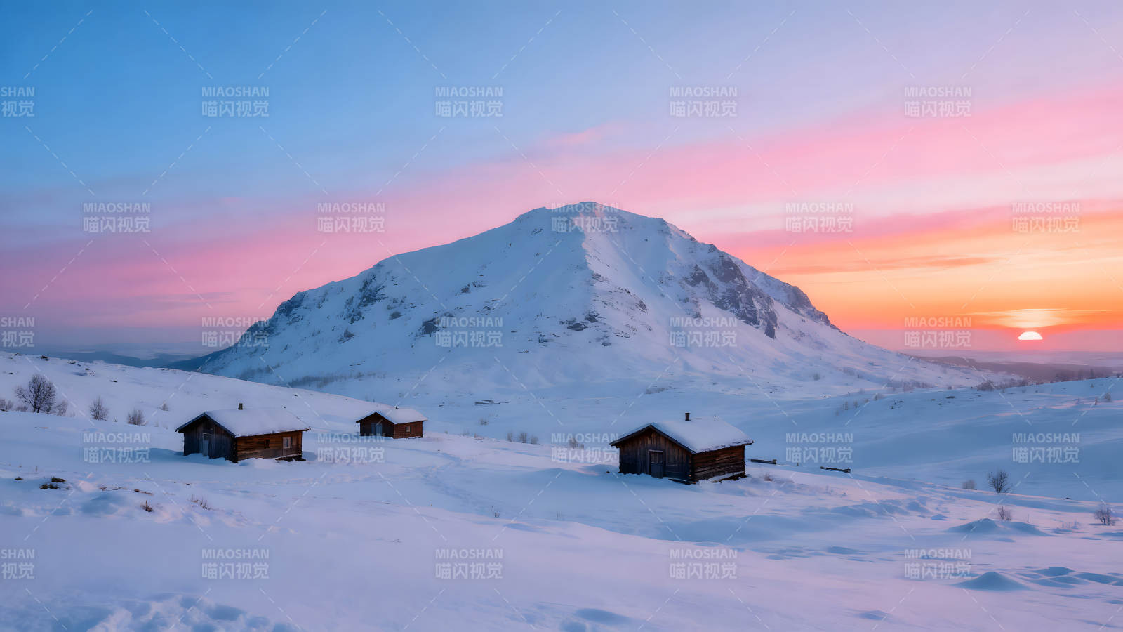 雪山小屋夕阳美景图片