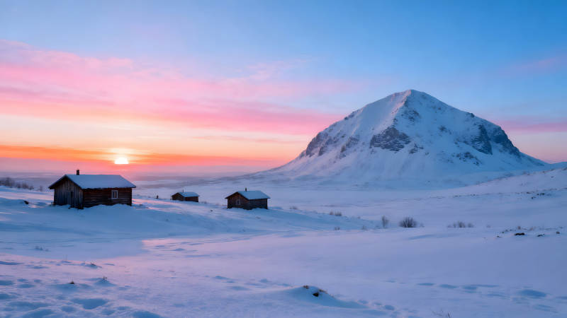 雪山小屋日出美景图片