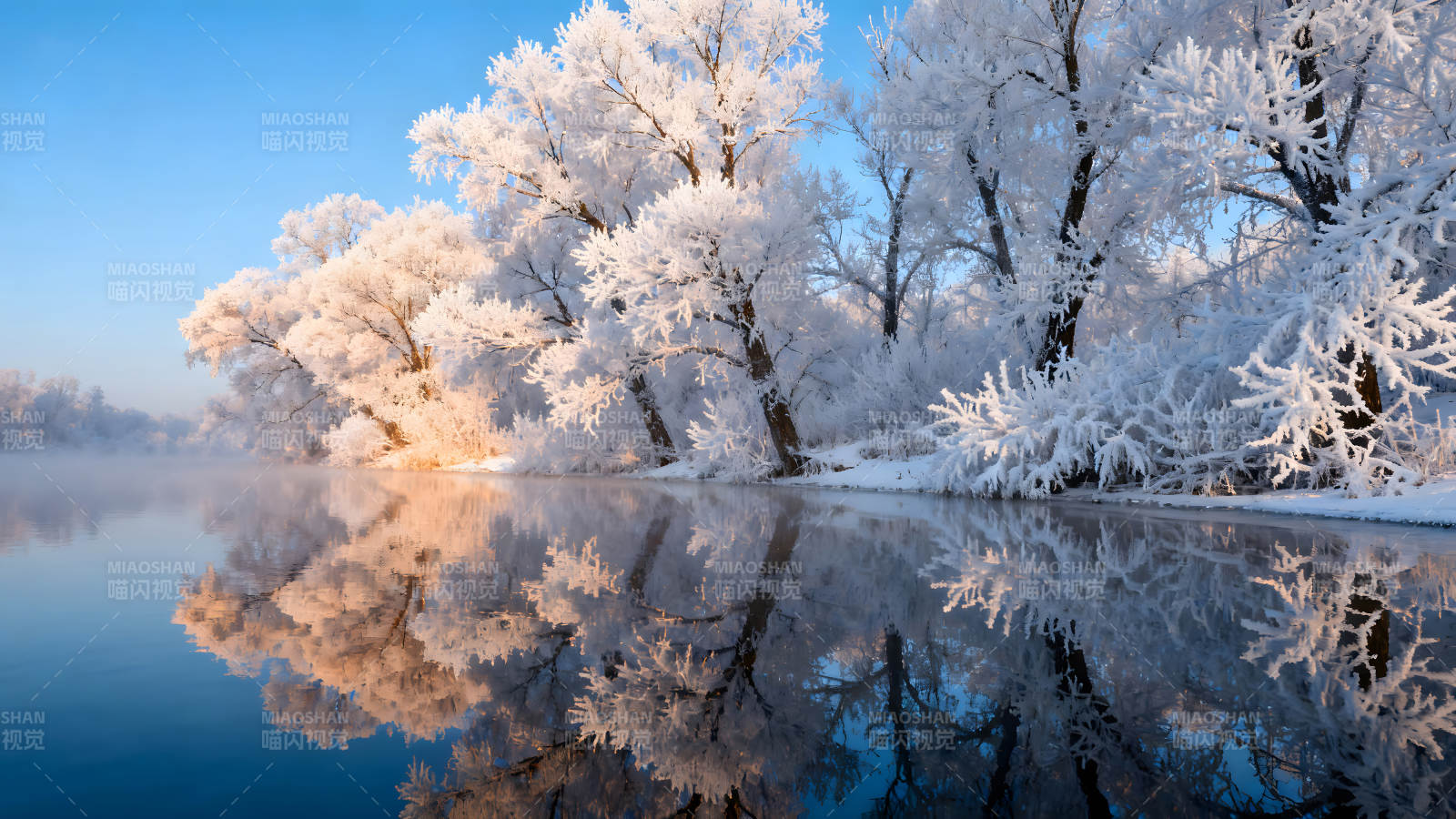 冬日湖畔霜雪树木倒影图片