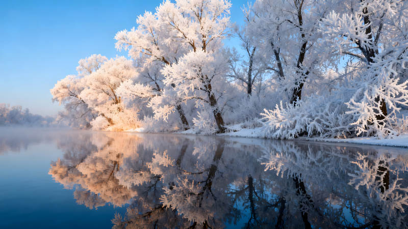 冬日湖畔霜雪树木倒影图片