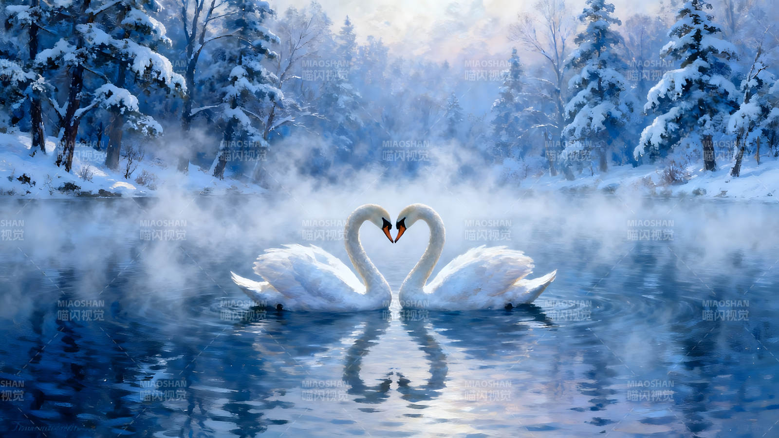冬日雪湖天鹅比翼双飞图片