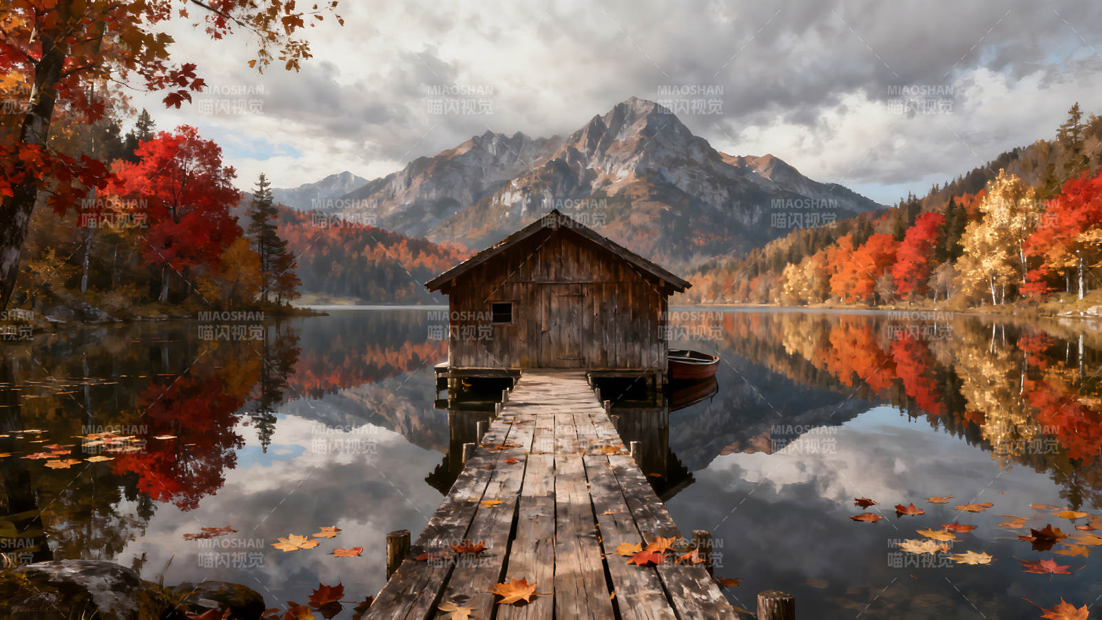 秋日湖景木屋倒影美如画图片