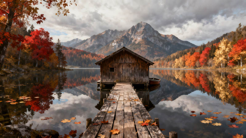 秋日湖景木屋倒影美如画图片