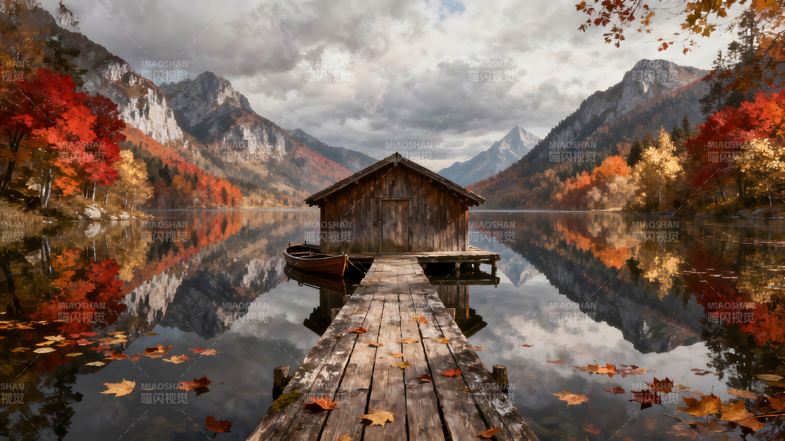 秋日湖畔小屋倒影景色宜人图片
