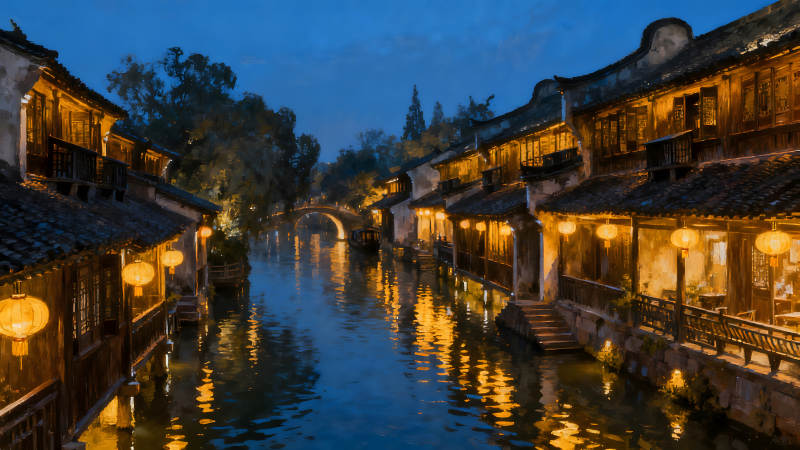 夜色下的中国水乡古镇风光图片