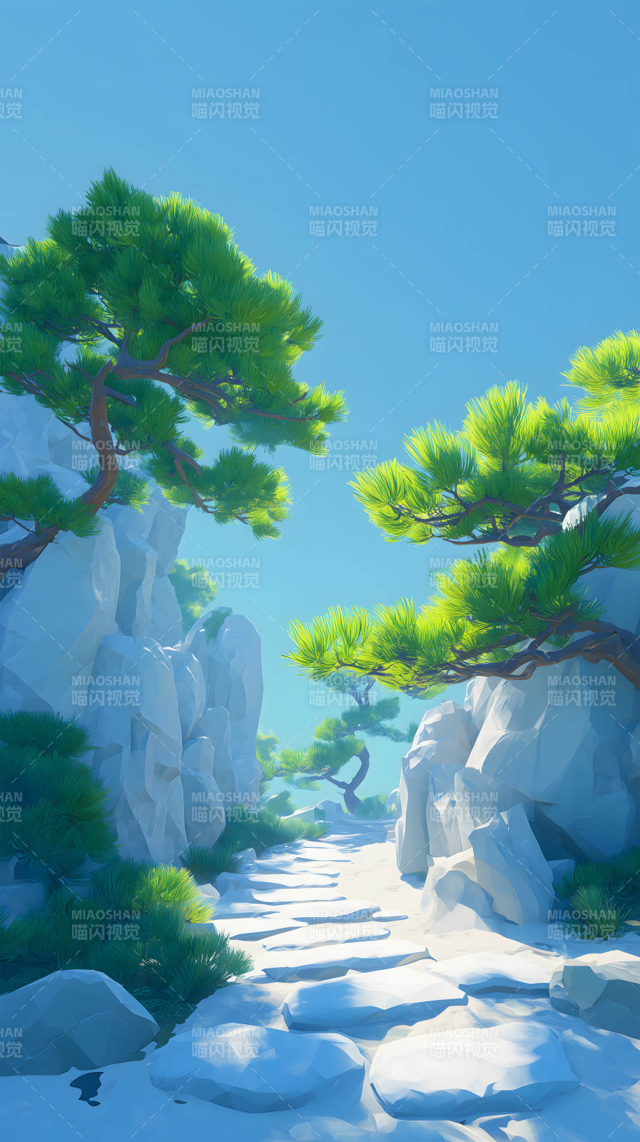 山石松树天空明媚图片