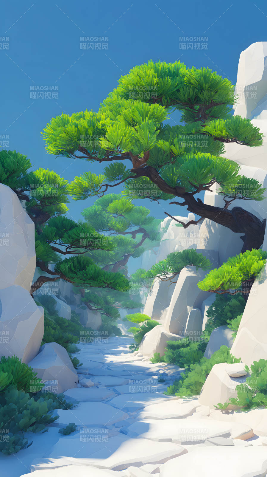 山水风景画绿树白石图片