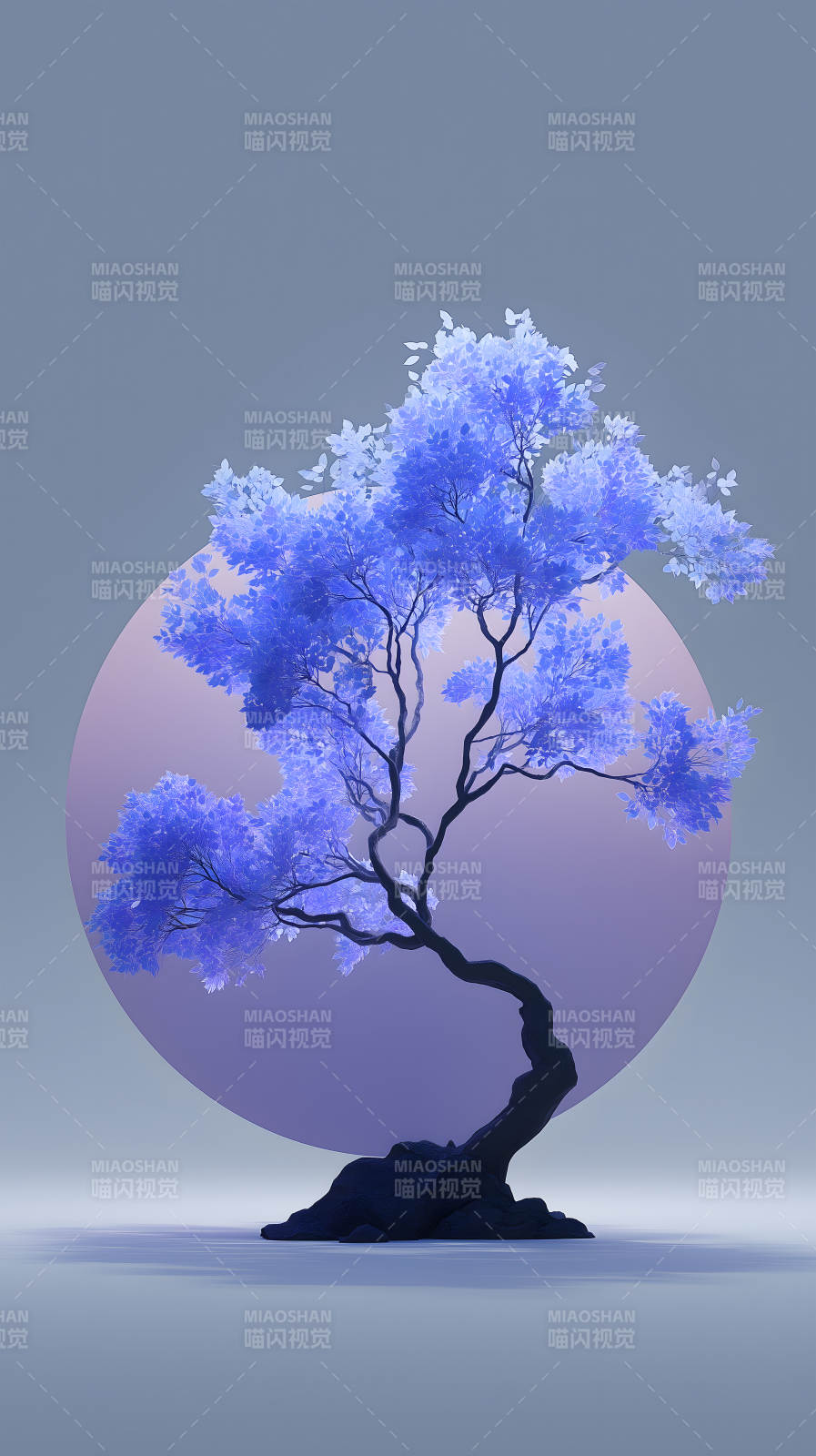 蓝树圆月宁静意境图片