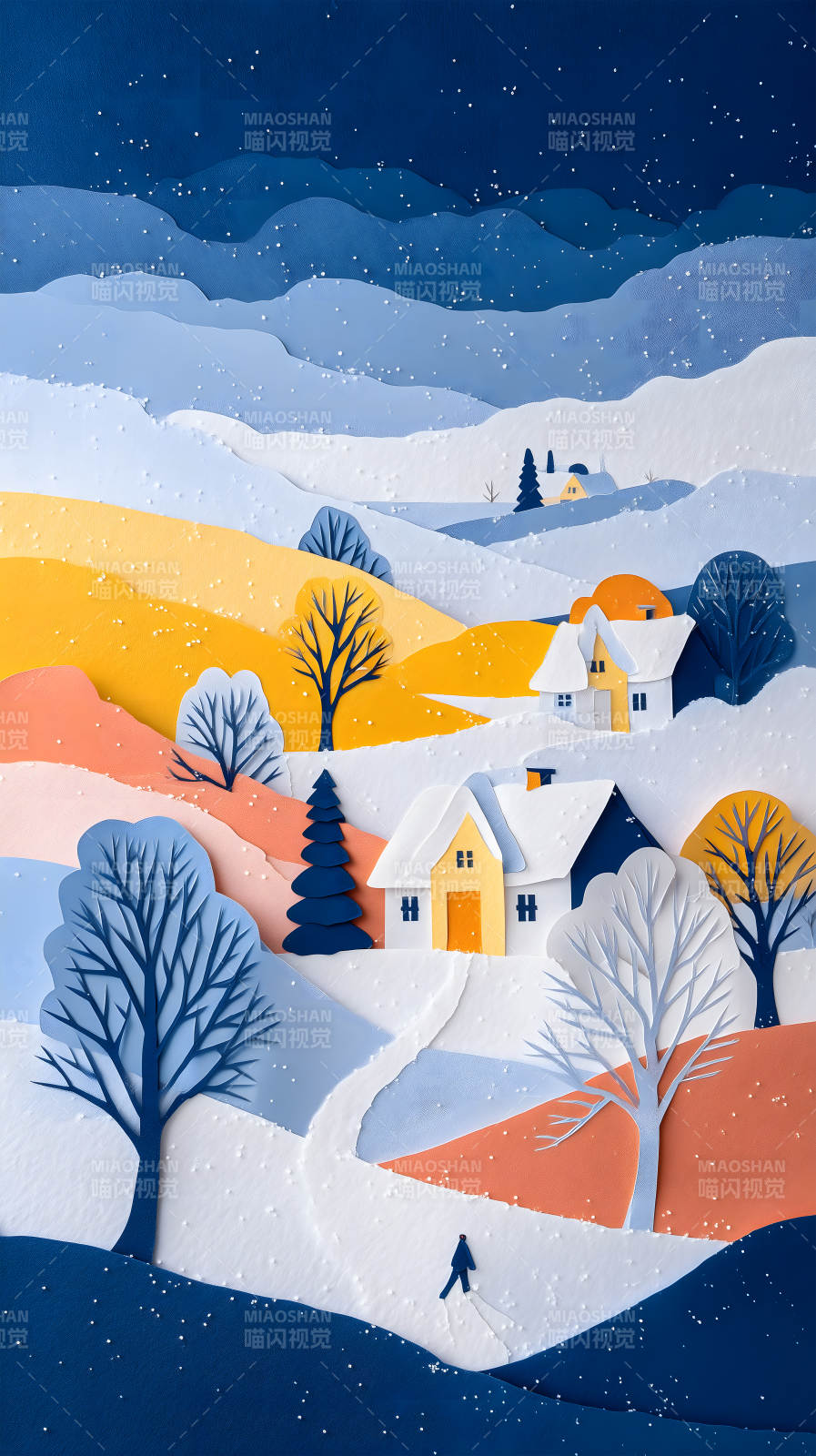 冬日村庄剪纸风景图片