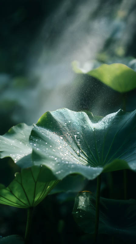 雨水映荷叶绿意盎然图片