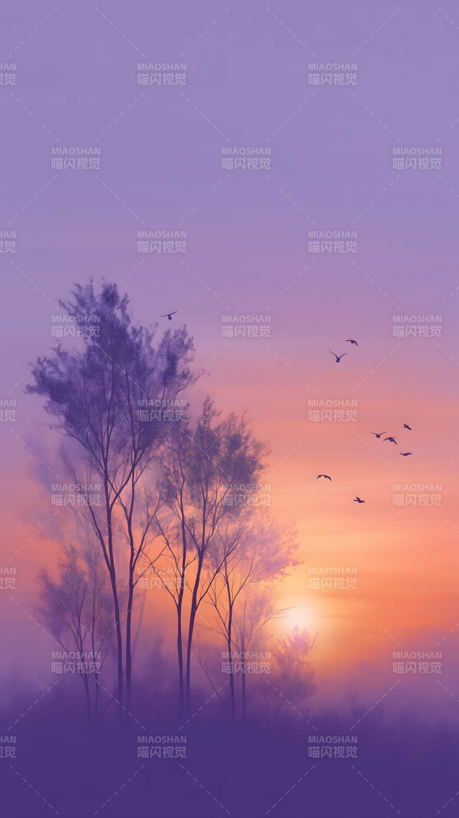 紫霞映树鸟飞翔图片