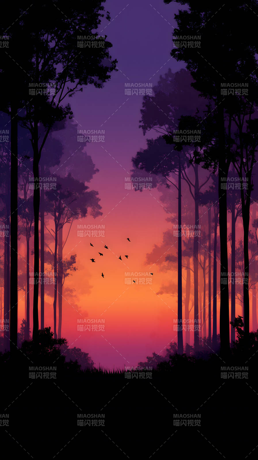 森林日落鸟儿飞翔图片