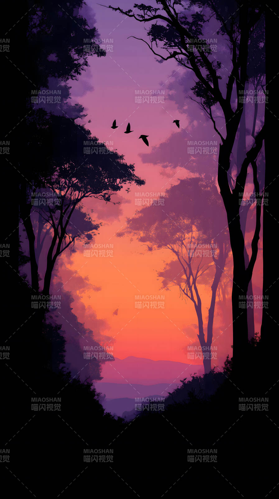 森林落日鸟儿飞翔图片