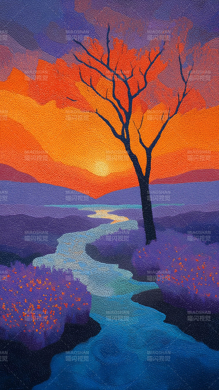 夕阳树影下的山川河流图片