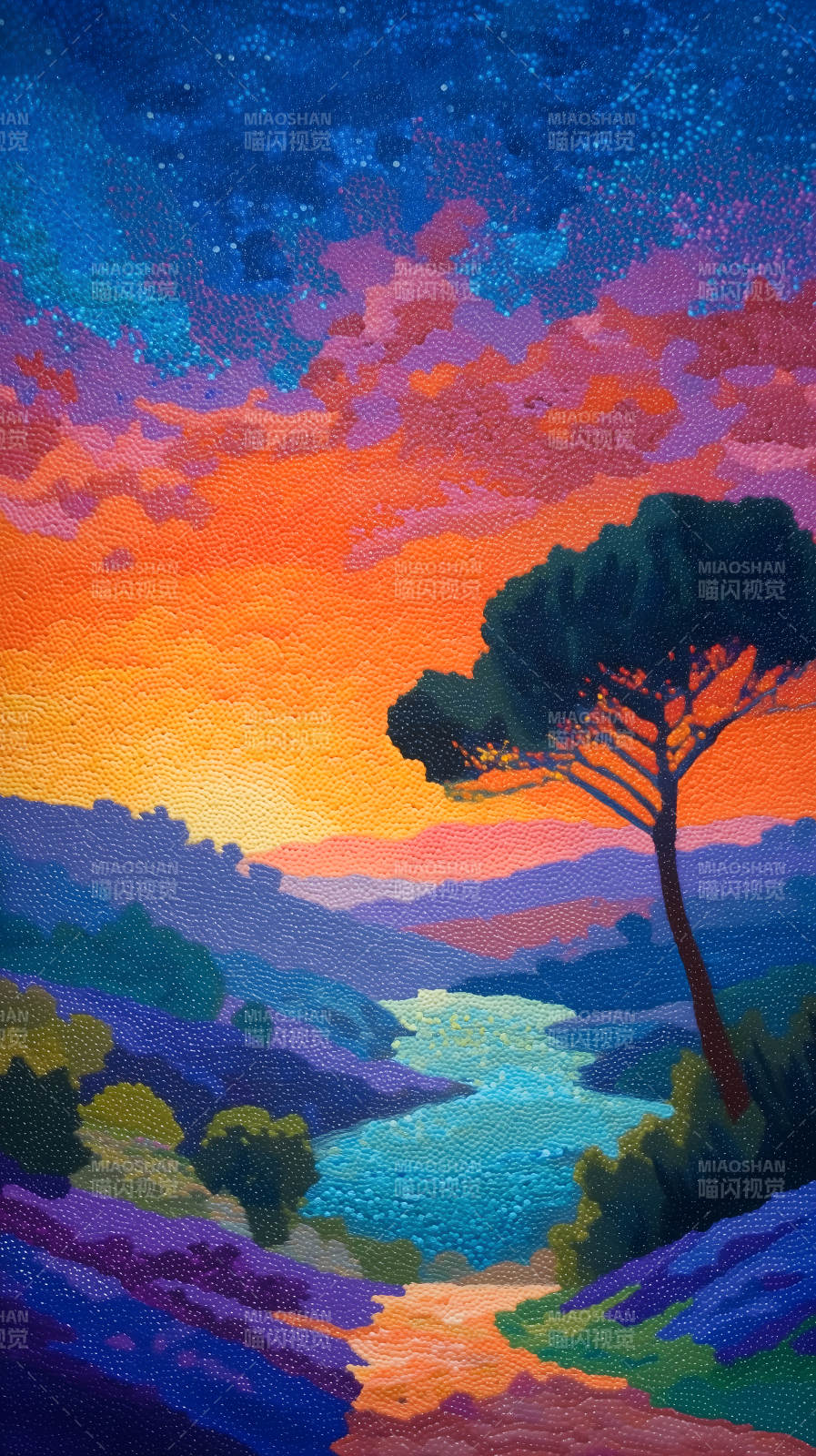 绚丽夕阳下的树图片