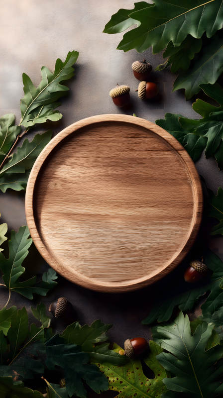 木盘与橡树叶子图片