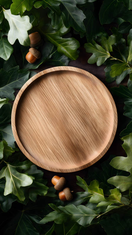 木盘与橡果和叶子图片