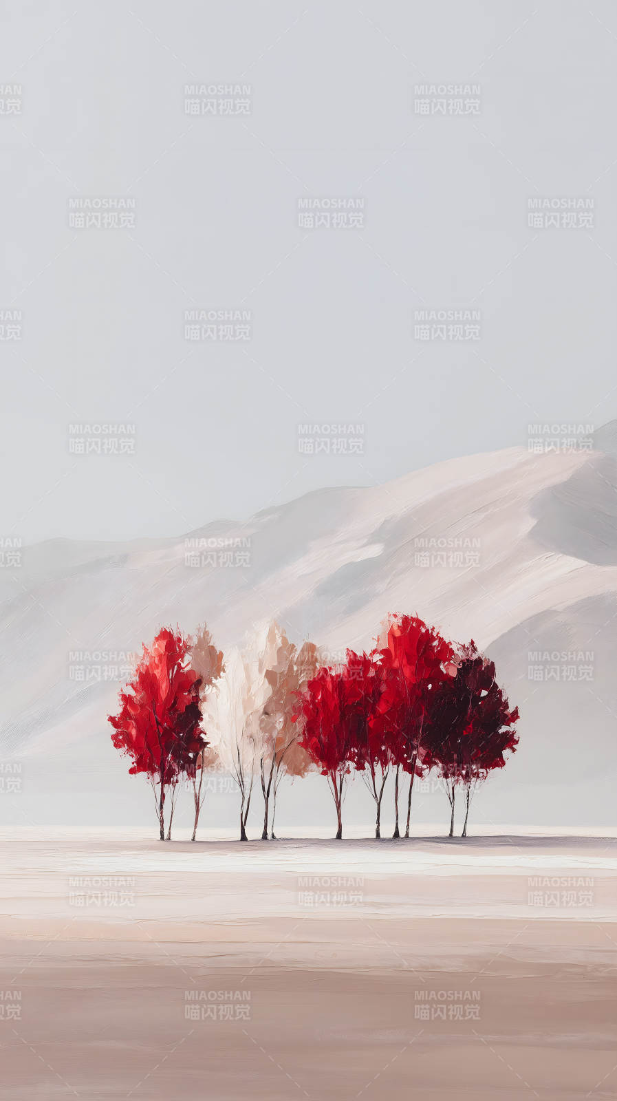 红色树木山脉风景画图片