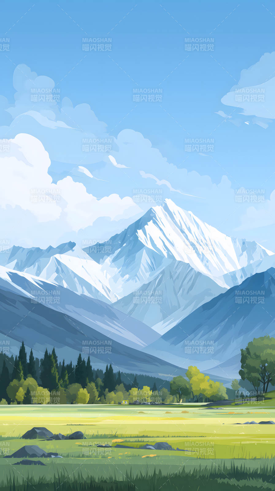 雪山下的草原风景如画图片