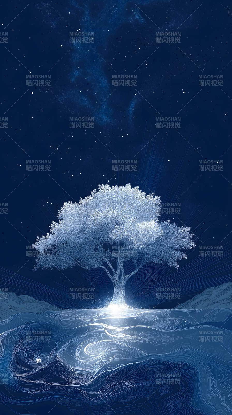 星空下发光树木图片