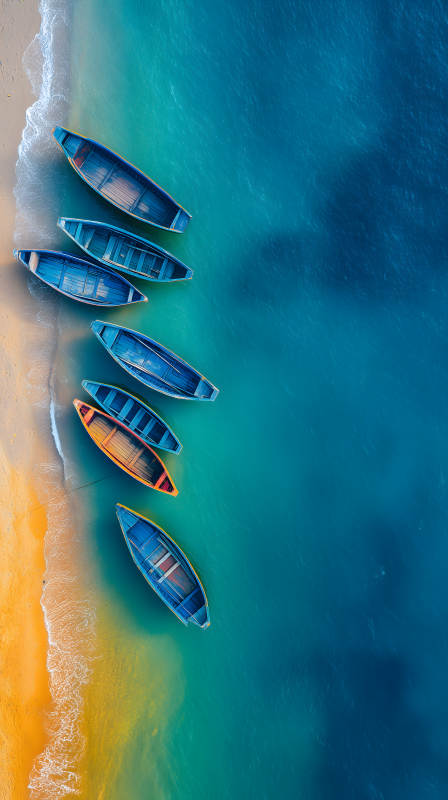 海滩船只排列美景图片