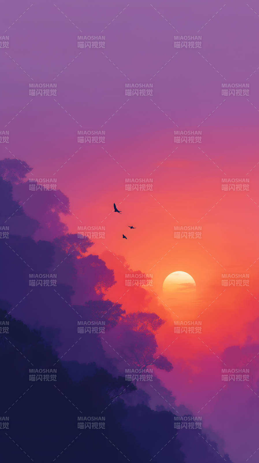 落日余晖鸟儿飞翔图片