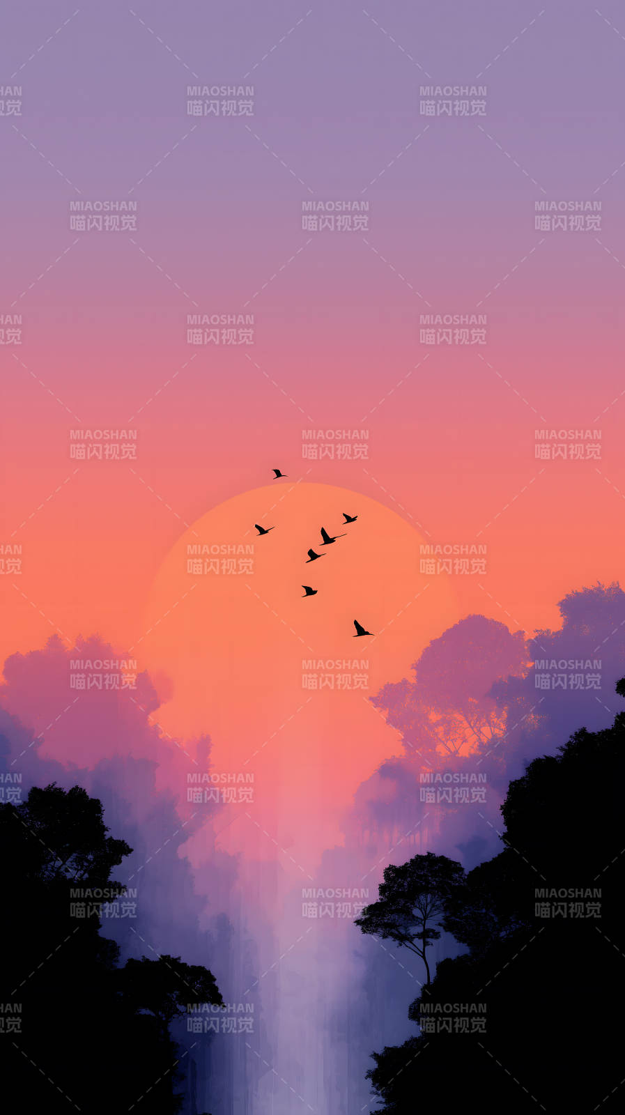 夕阳飞鸟剪影美景图片