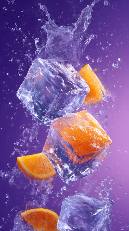 冰块橙子飞溅特写图片