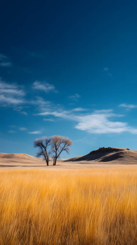 旷野蓝天金草地树图片