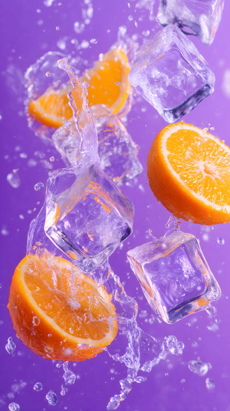 橙子与冰块飞溅图片