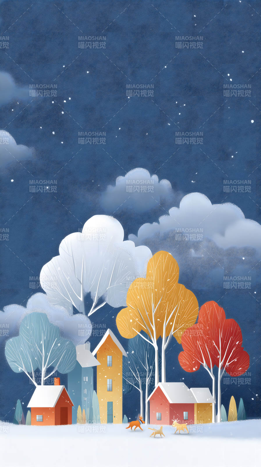 冬日小镇风景绘图图片