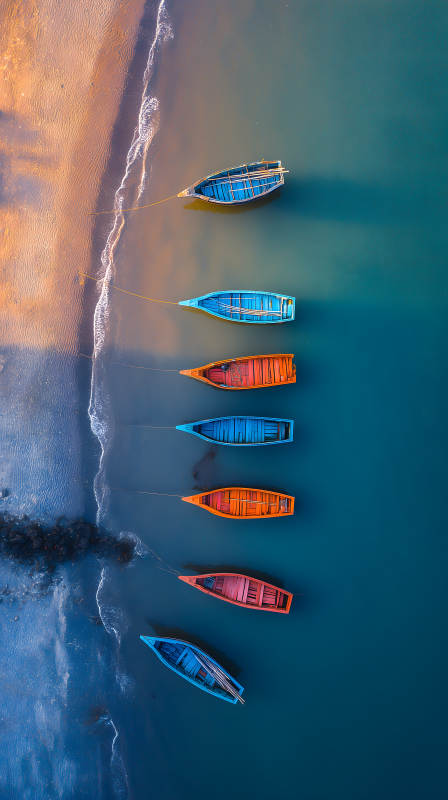 彩色小船停靠海滩图片