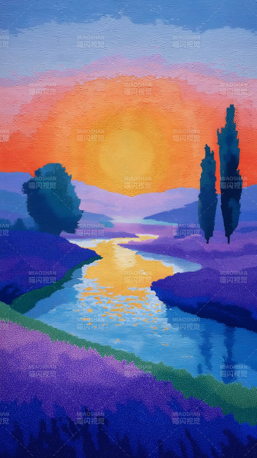 夕阳下的风景画图片