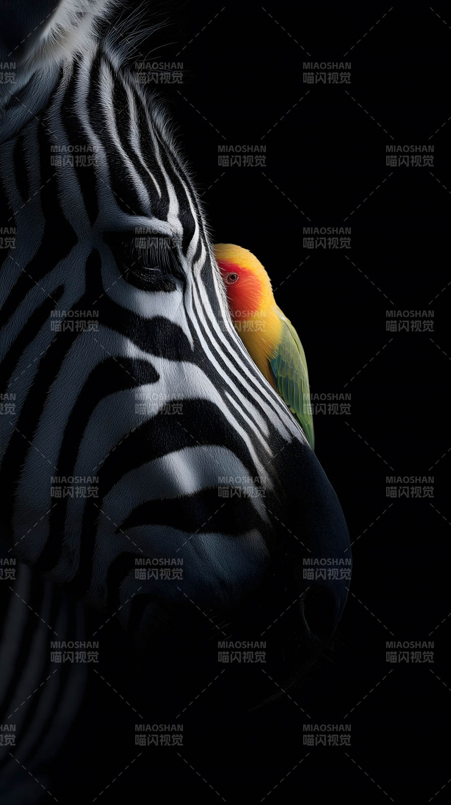 斑马与鹦鹉的亲密图片